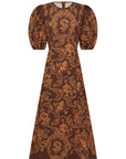 The Alemais Seraphina Midi Dress. Brown patterned dress with puff sleeves.