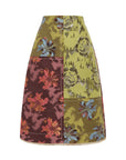Floral patterned skirt with a patchwork design on a white background. Skirt is from Alemais