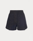 Dark denim shorts on a white background