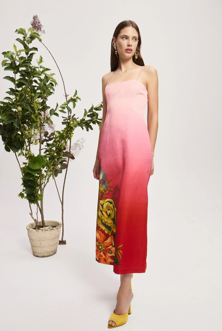 Inez pink to red gradient dress with floral design from Alemais.