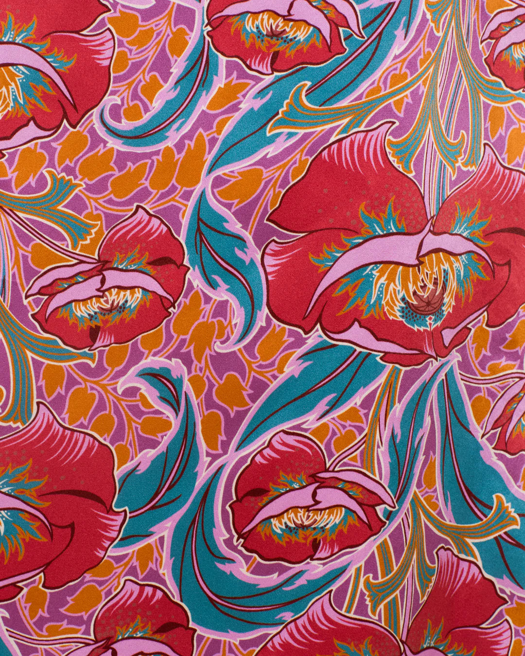 Colorful floral pattern with pink, blue, and orange colors on a red background