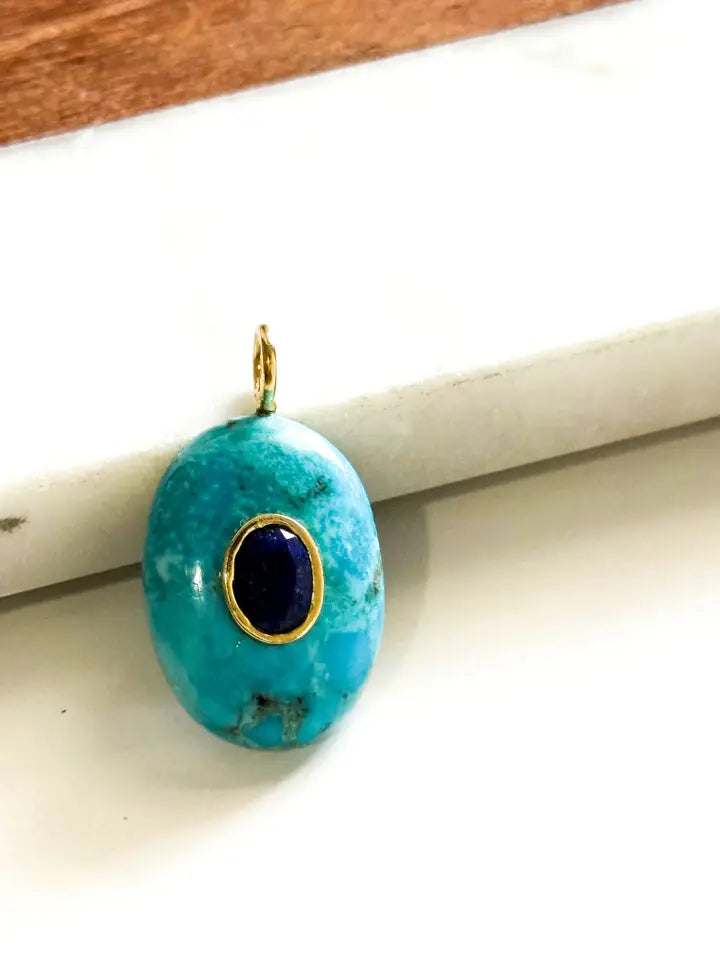 Handcarved Turquoise/Bezel Lapis Inlay Pendant Charm