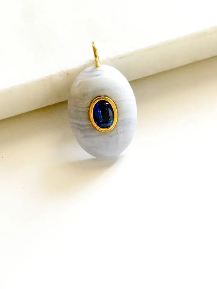 Handcarved Blue Lace Agate/Bezel Kyanite Inlay Pendant