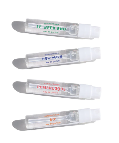 Four perfume from Summer Hours sample tubes labeled 'Le Week End', 'New Wave', 'Romanesque', and '80' on a white background.
