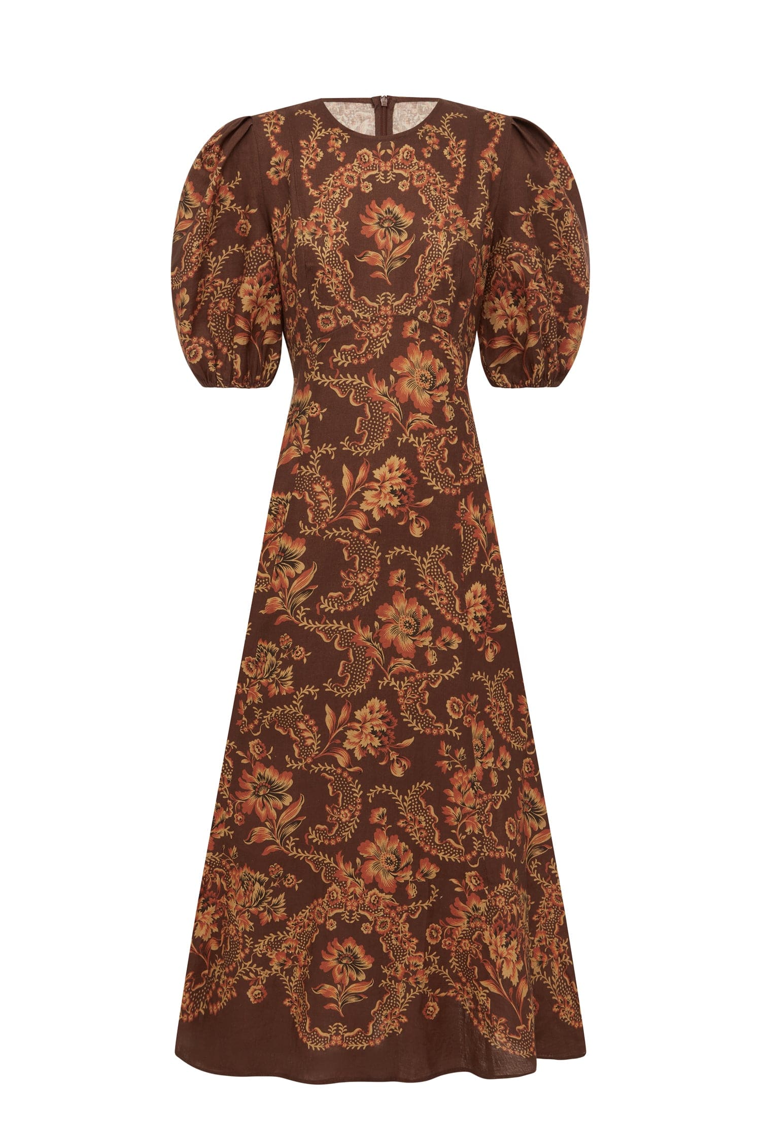 The Alemais Seraphina Midi Dress.  Brown patterned dress with puff sleeves.