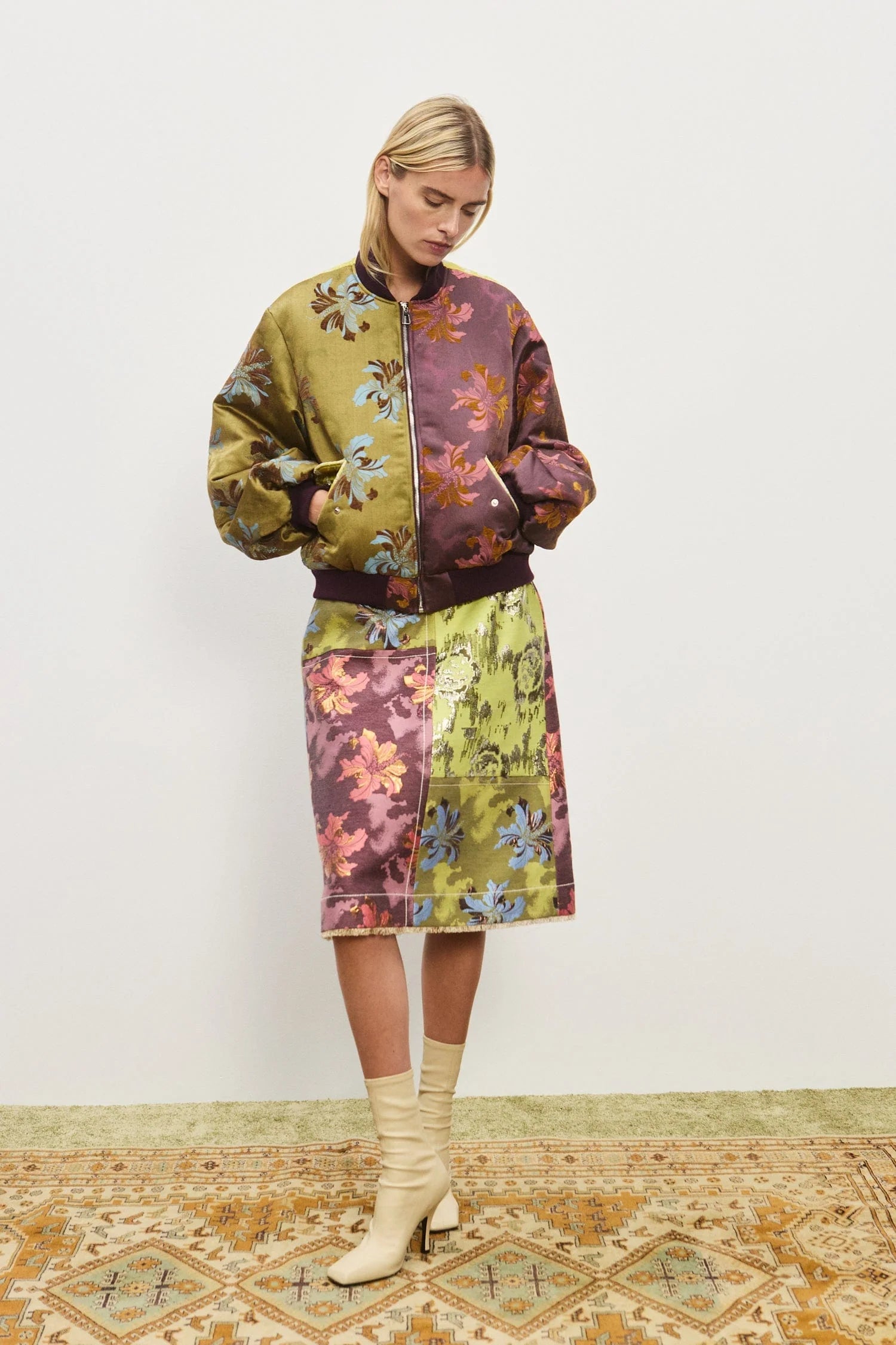 Adriana Jacquard Bomber Jacket by Alemais. A Floral patterned jacket with a mix of colors.