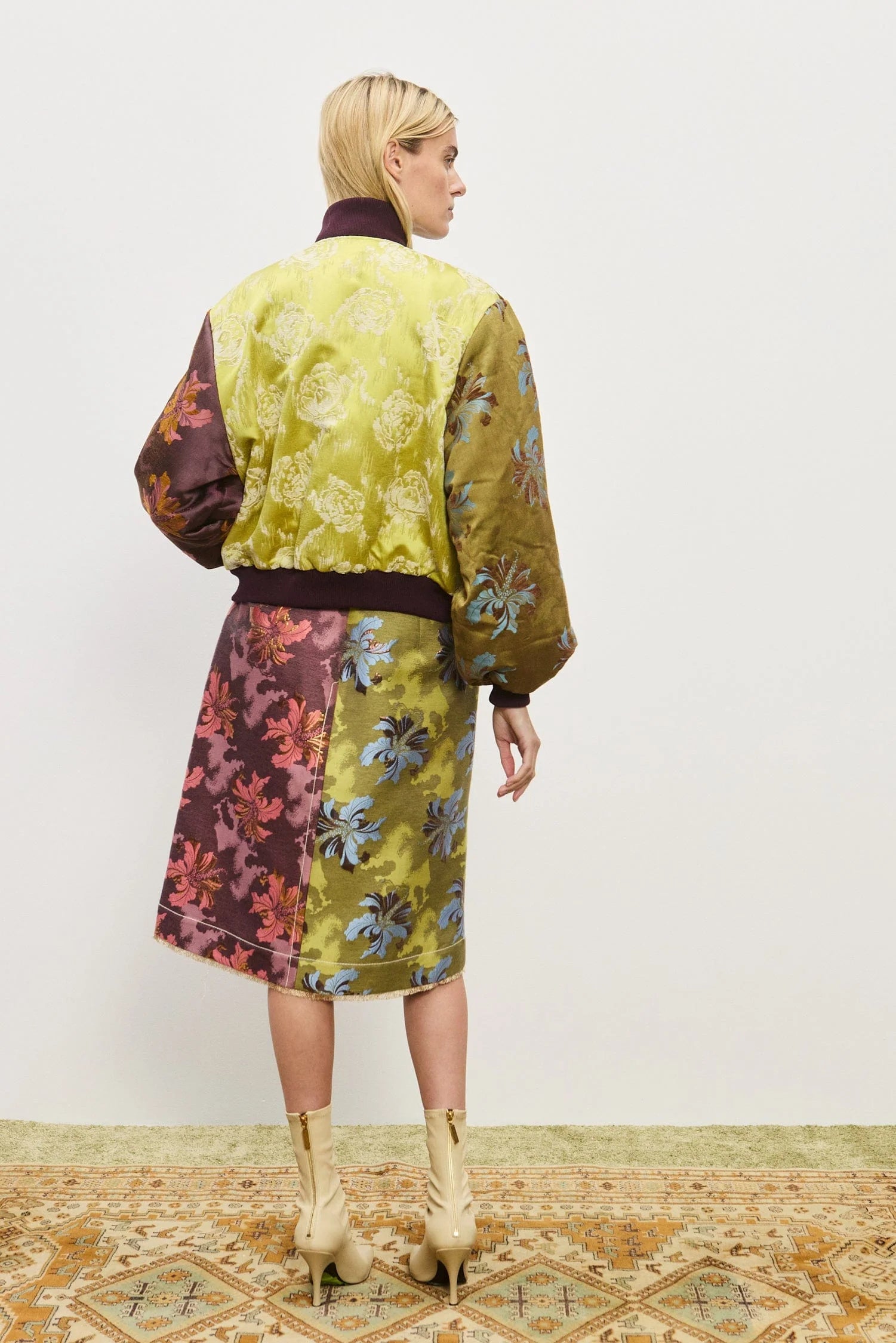 Adriana Jacquard Bomber Jacket by Alemais. A Floral patterned jacket with a mix of colors. Full back image. 