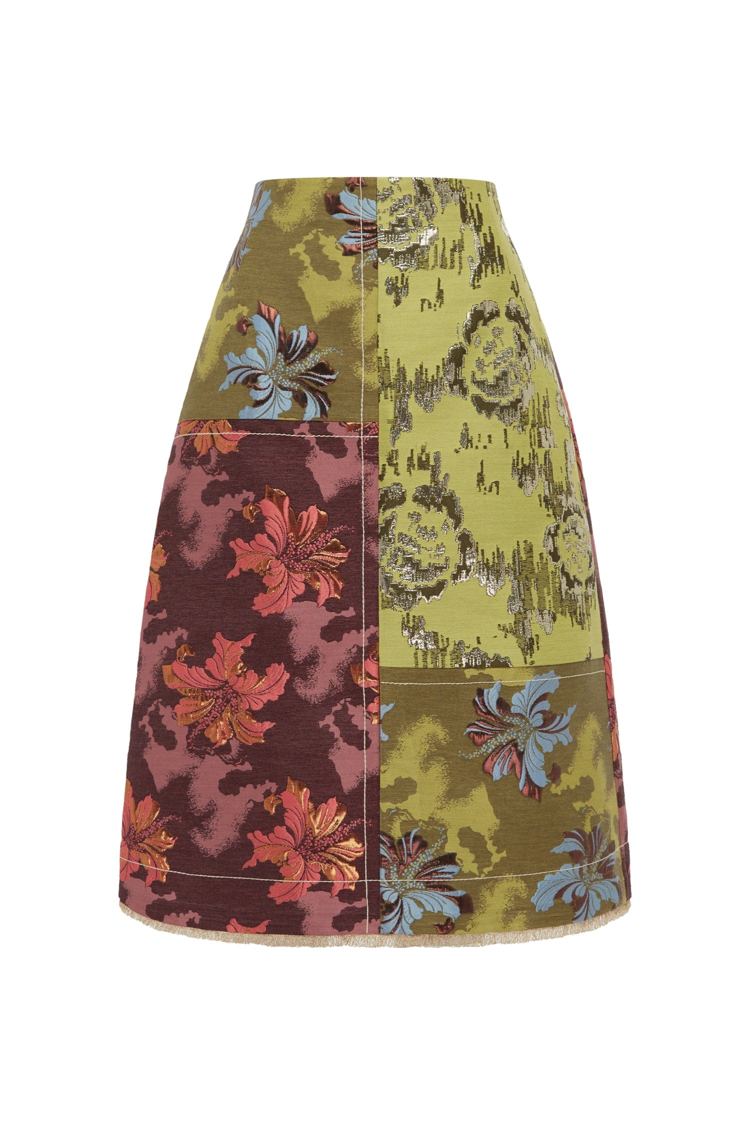 Floral patterned skirt with a patchwork design on a white background. Skirt is from Alemais