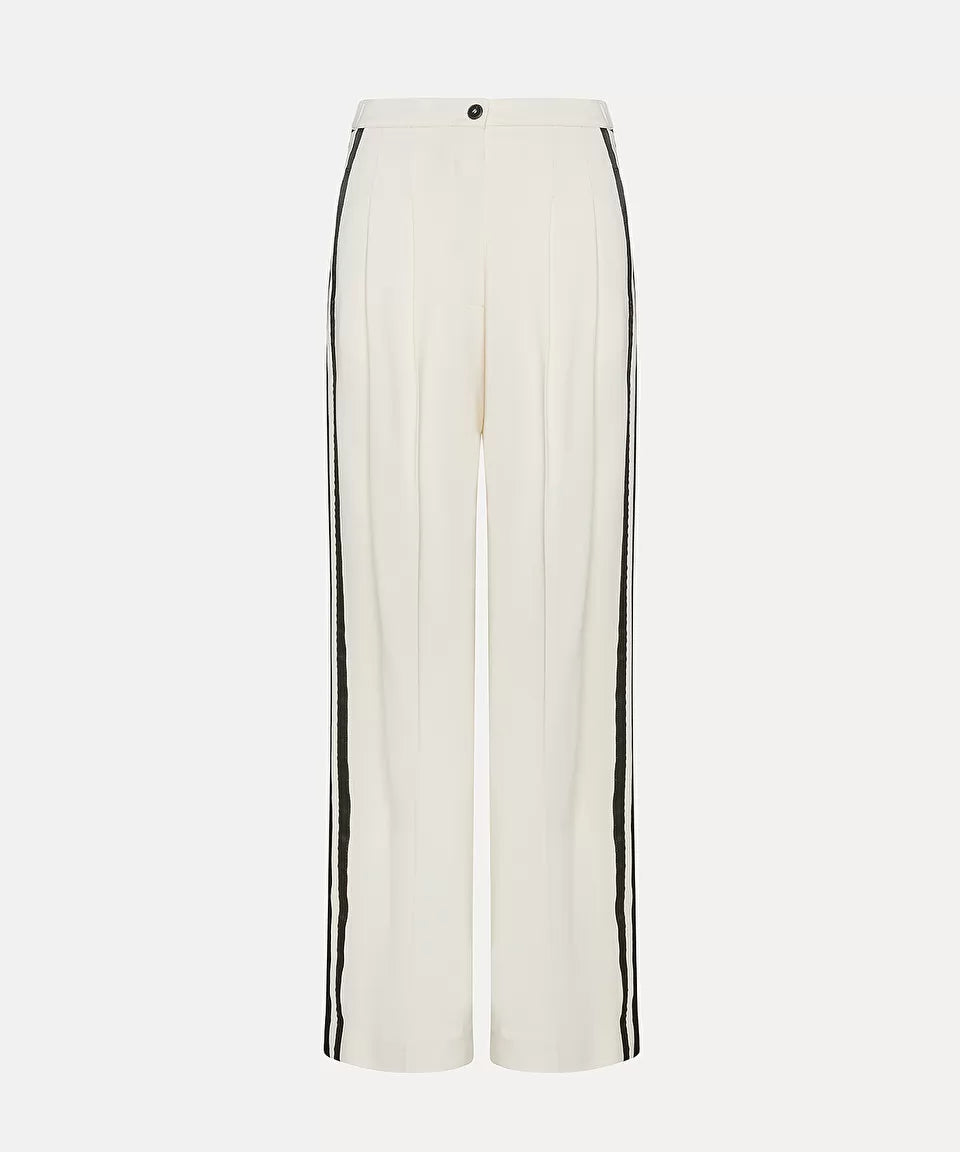 This image features the elegant and stylish Stretch Cady Tuxedo Pant, showcasing its sleek design against a pristine white background. The pants are crafted from a blend of 96% viscose and 4% elastane, providing a comfortable stretch fit.