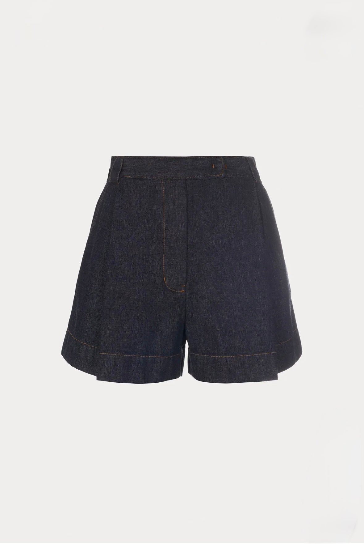 Dark denim shorts on a white background